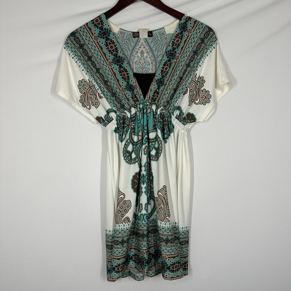 Small short white V-neck dress paisley printed 2000s mini vintage Y2K